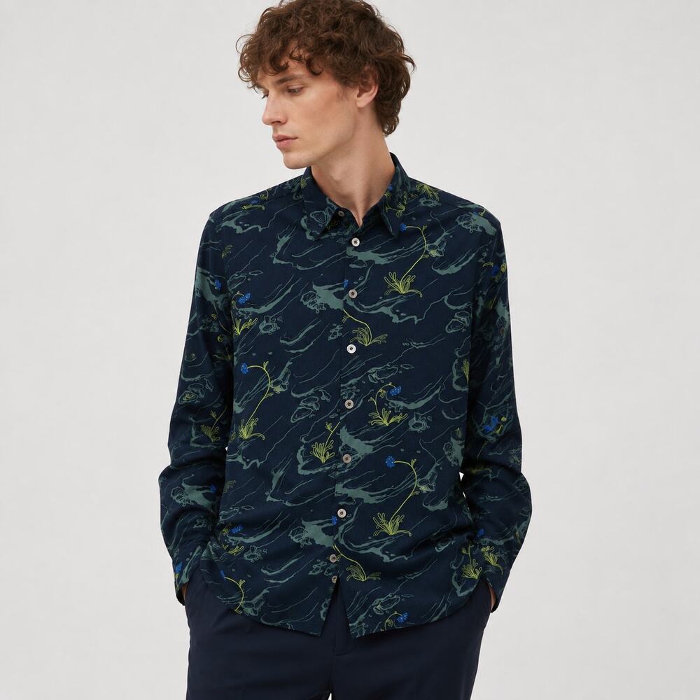Paul Smith PS Men's NAvy Blue Floral Abstract Print button up Shirt Sz XL